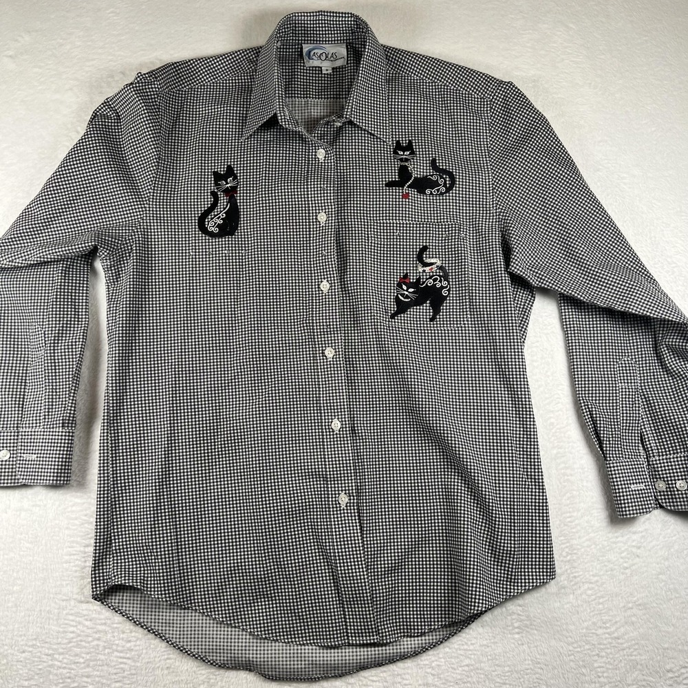 Las Olas Shirt Womens Small Black Check Cat Embroidered‎ Button Up Long Sleeve